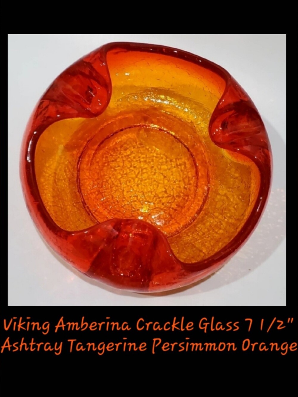MCM Viking Amberina Crackle Glass 7 1/2" Ashtray Tangerine Persimmon Orange
